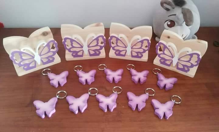 Nozze di legno, portatovaglioli e porta chiavi con farfalla viola